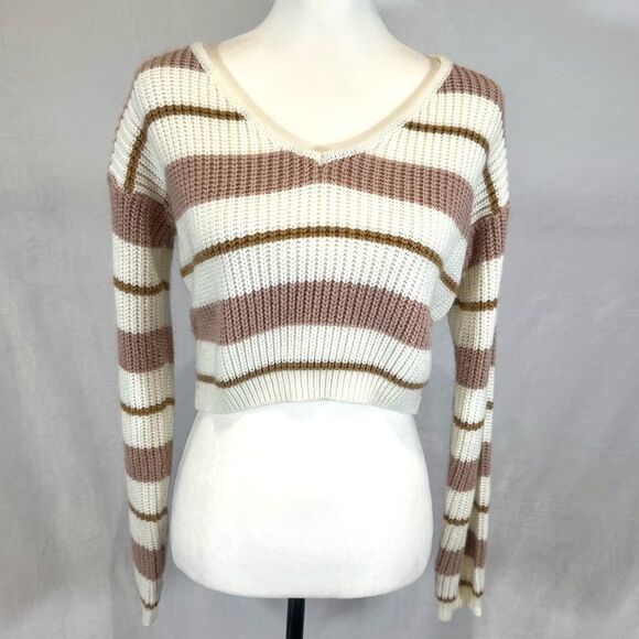 Cream blush pink and mocha color block striped cropped sweater size 4 - Picture 1 of 5